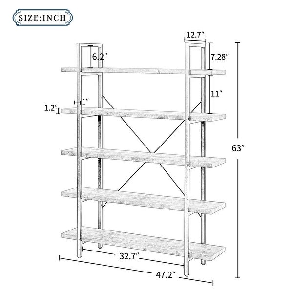 5-tier Bookcase with Wood and Metal Frame, Large Open Bookshelf for
