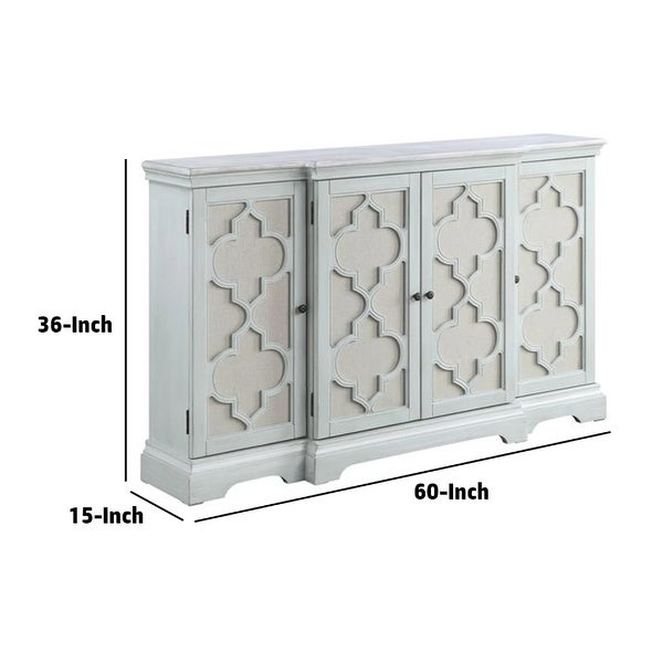 60 Inch 4 Door Wood Buffet Cabinet Console Table, Quatrefoil, Antique Blue