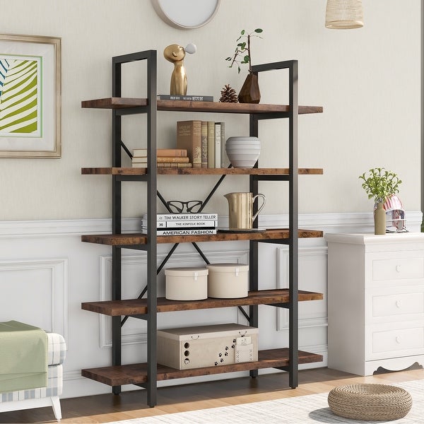 5-tier Bookcase with Wood and Metal Frame, Large Open Bookshelf for