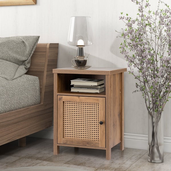 Bedside Cupboard,Bedside Table, Drawer Cabinet, Single Door Side Cabinet, Rattan Cabinet Door, Yellow