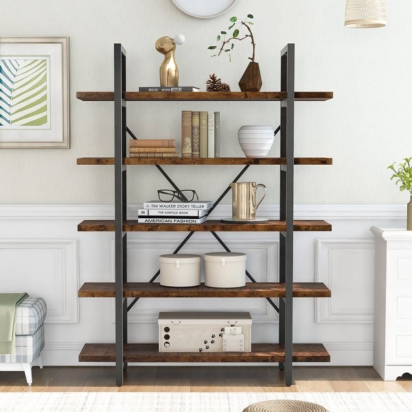 5-tier Bookcase with Wood and Metal Frame, Large Open Bookshelf for