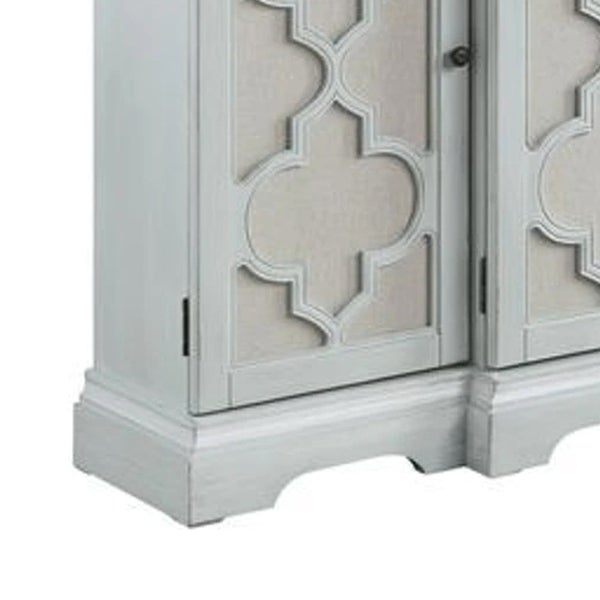 60 Inch 4 Door Wood Buffet Cabinet Console Table, Quatrefoil, Antique Blue