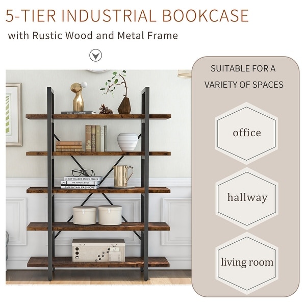 5-tier Bookcase with Wood and Metal Frame, Large Open Bookshelf for
