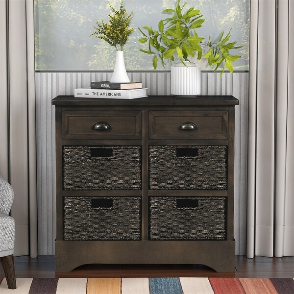 Wicker locker control table, two drawers and four classic rattan baskets