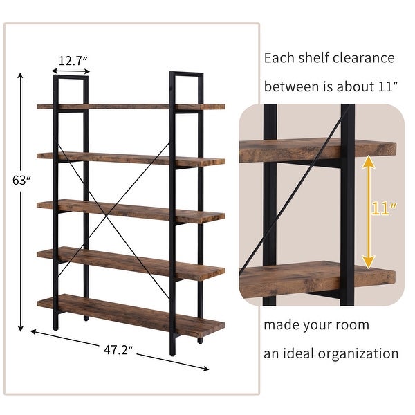 5-tier Bookcase with Wood and Metal Frame, Large Open Bookshelf for