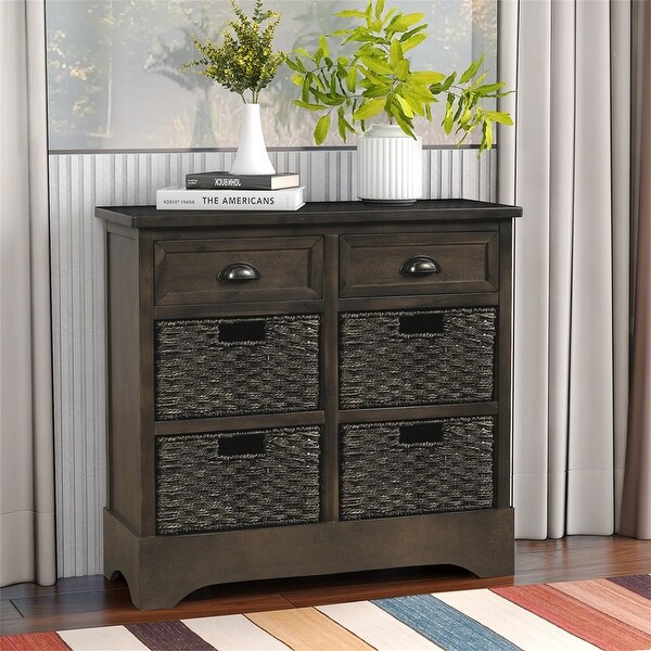 Wicker locker control table, two drawers and four classic rattan baskets