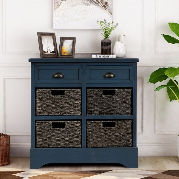 Wicker locker control table, two drawers and four classic rattan baskets