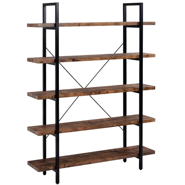 5-tier Bookcase with Wood and Metal Frame, Large Open Bookshelf for