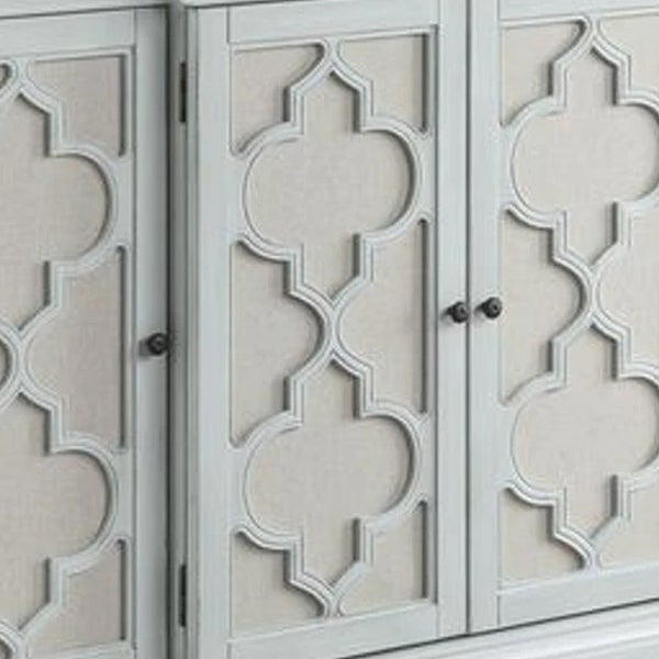 60 Inch 4 Door Wood Buffet Cabinet Console Table, Quatrefoil, Antique Blue