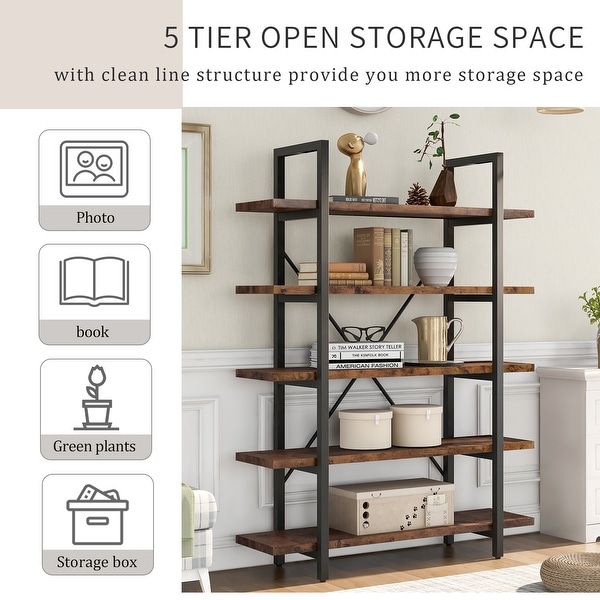 5-tier Bookcase with Wood and Metal Frame, Large Open Bookshelf for