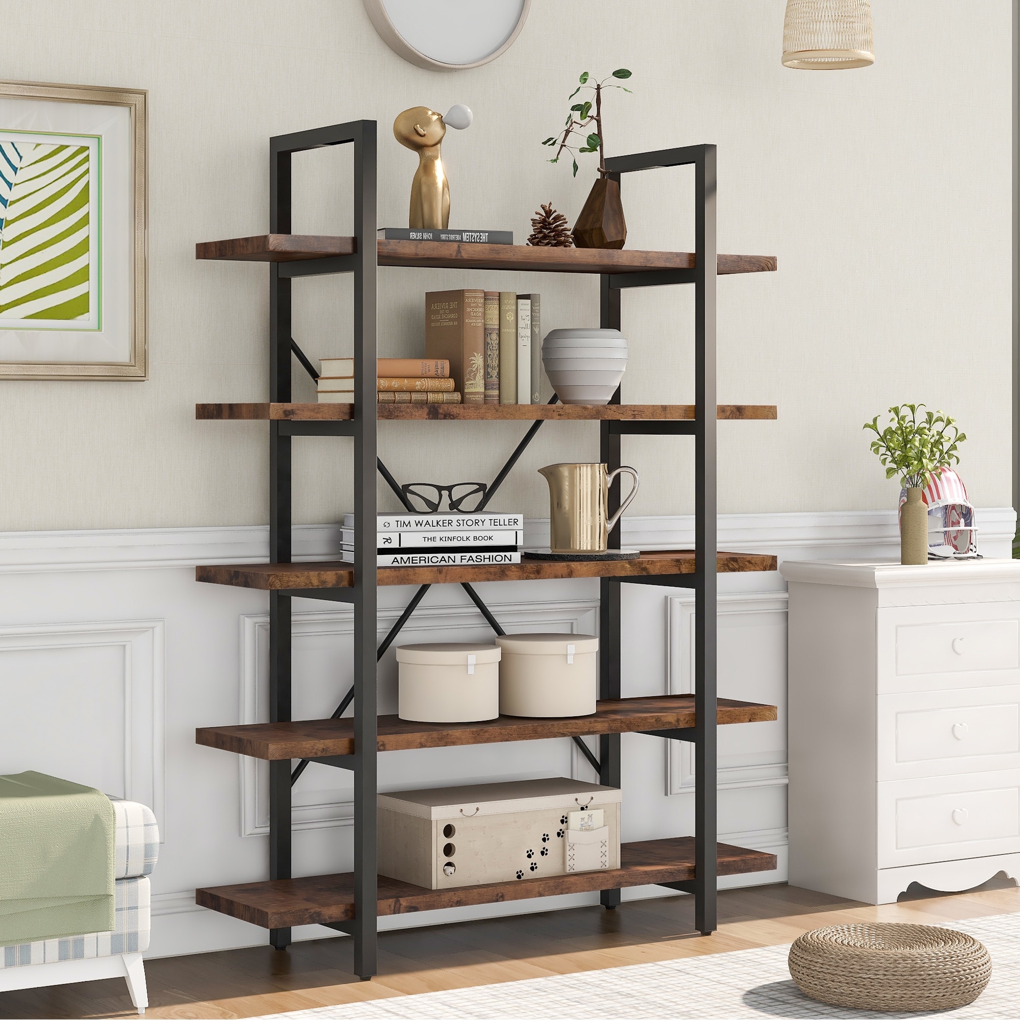 5-tier Bookcase with Wood and Metal Frame, Large Open Bookshelf for