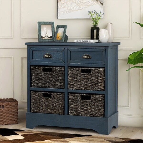 Wicker locker control table, two drawers and four classic rattan baskets